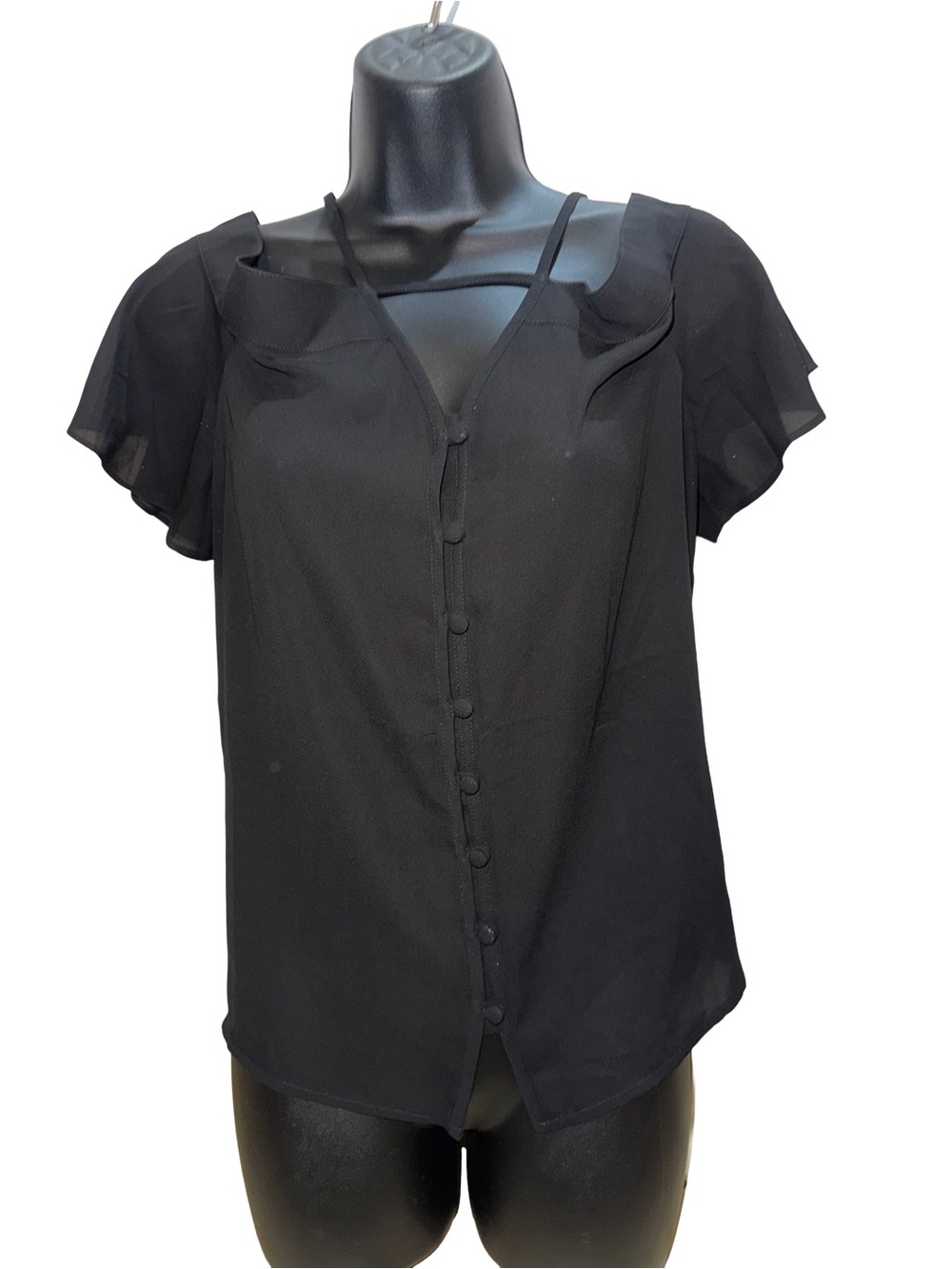Express Black Button-Front Blouse with Chiffon Flutter Sleeves